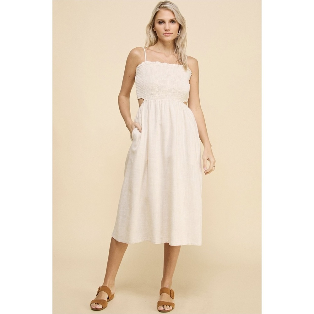 Allie Rose Linen Blend Smocked Cutout Midi Dress Beige M NWT Cottagecore